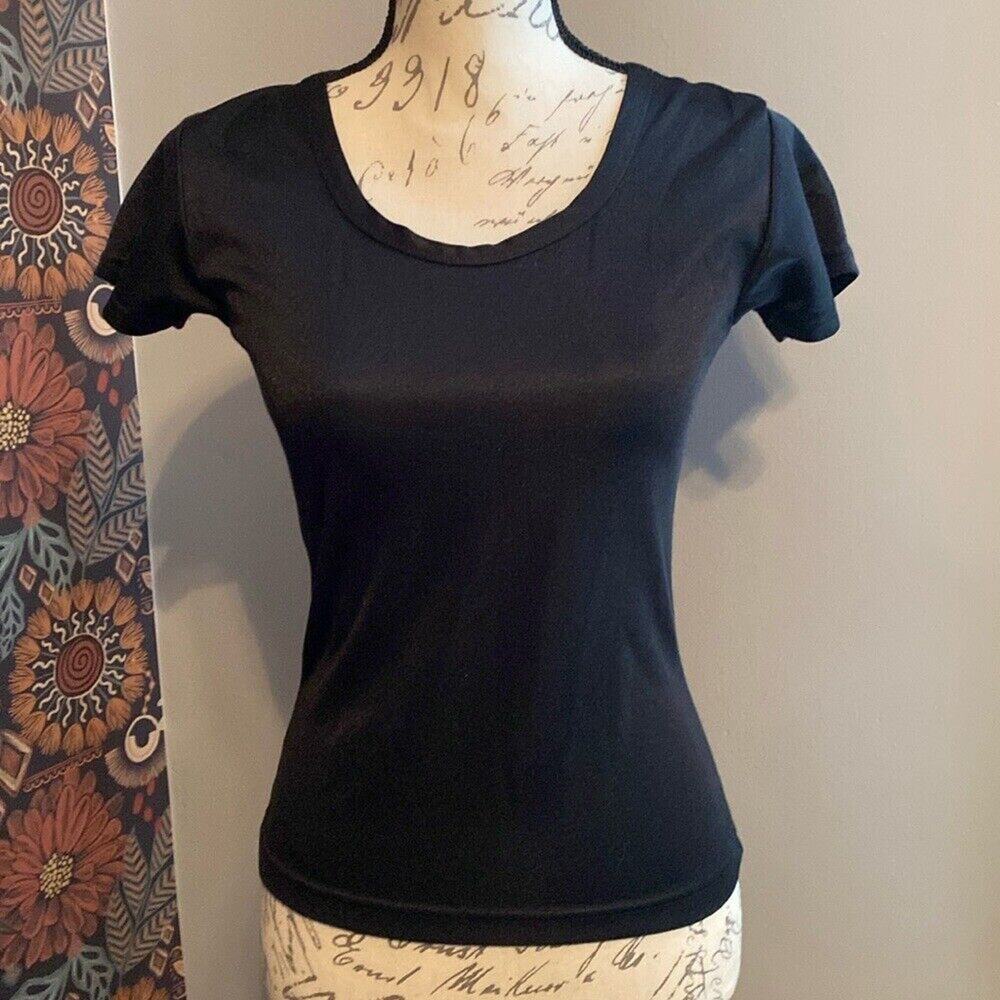 Shiny Black Scoop Neck Stretch Y2K Baby Tee One Step Up Size Small - Picture 1 of 6